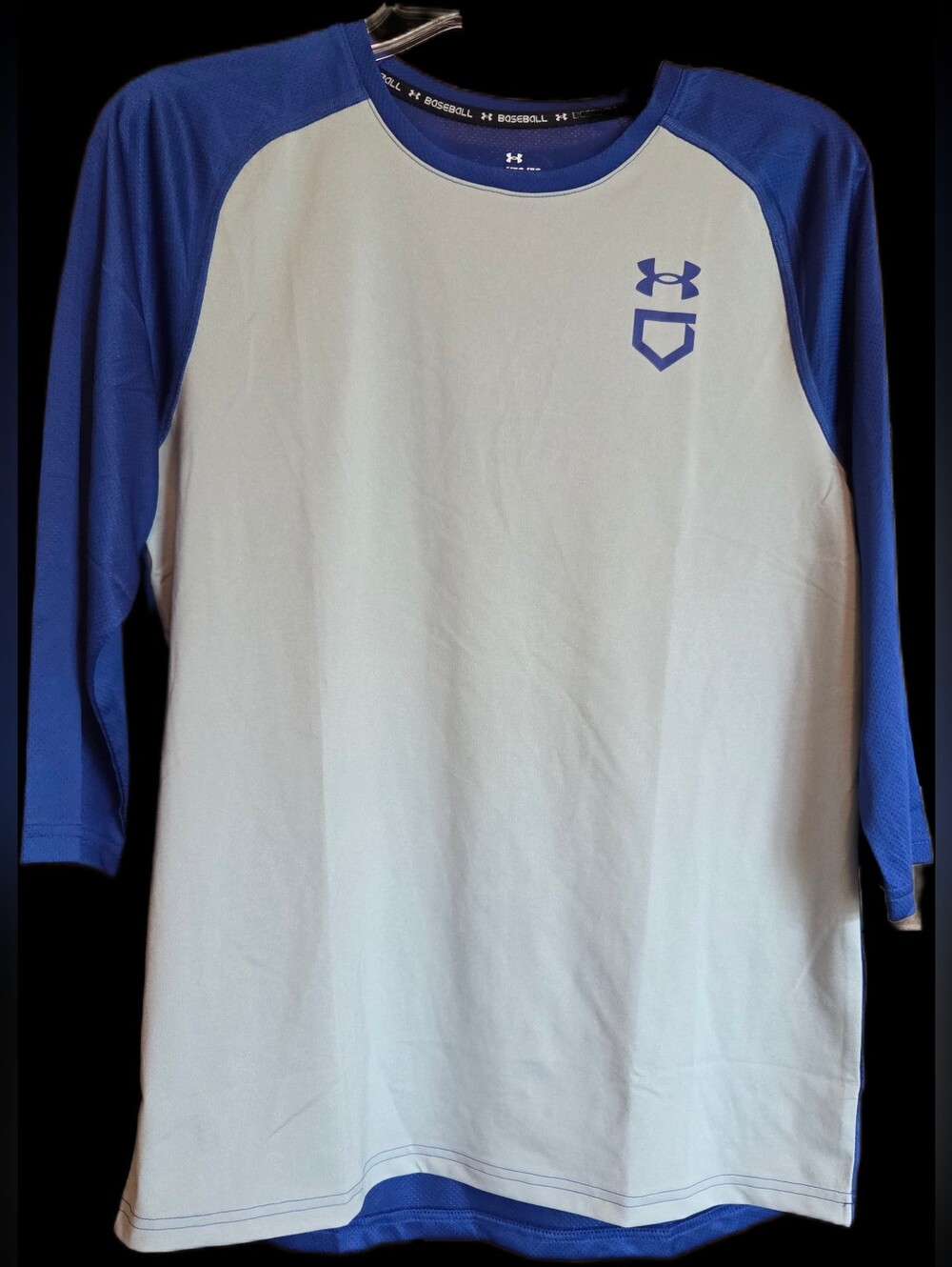 Under Armour Baseball Youth Light Grey and Royal Blue Raglan 3/4 Sleeve Tee NWT!